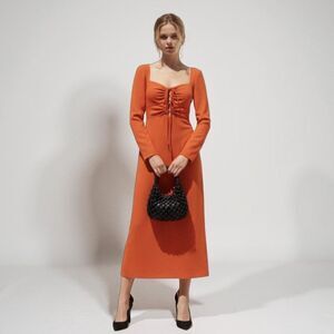 🔥 H&M Orange Halterneck Bodycon Cut Out Ribbed Midi Dress Size Medium